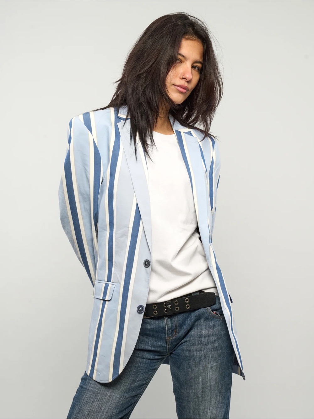 Vintage Samuel Windsor Boating Blazer Light Blue & Navy Striped 46 R